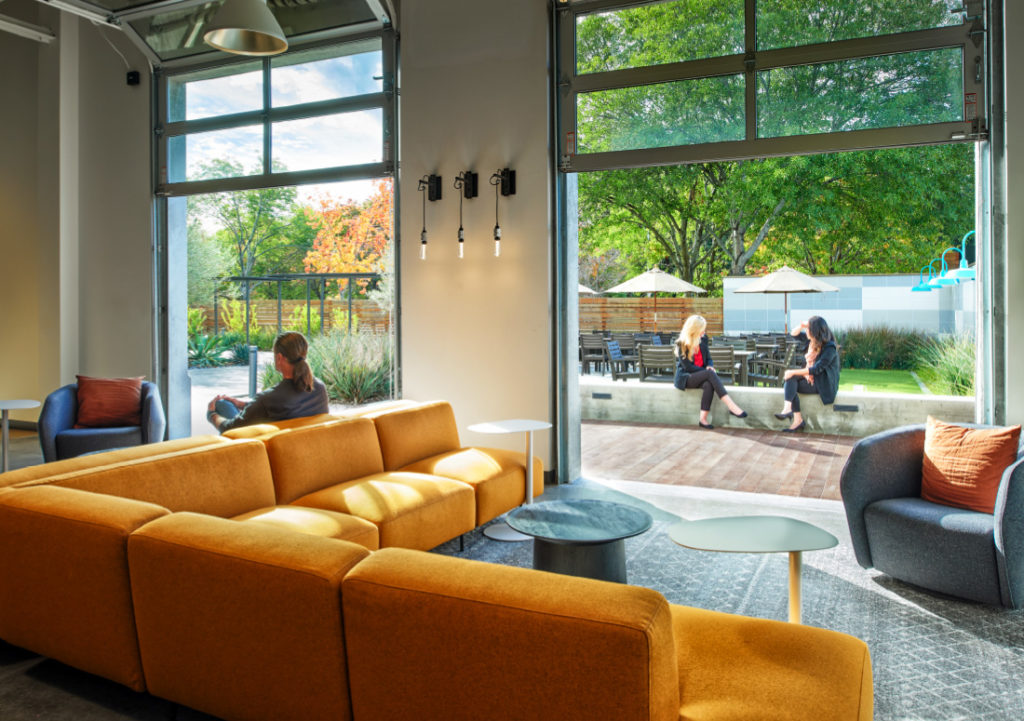 large open workspace overlooking a courtyard